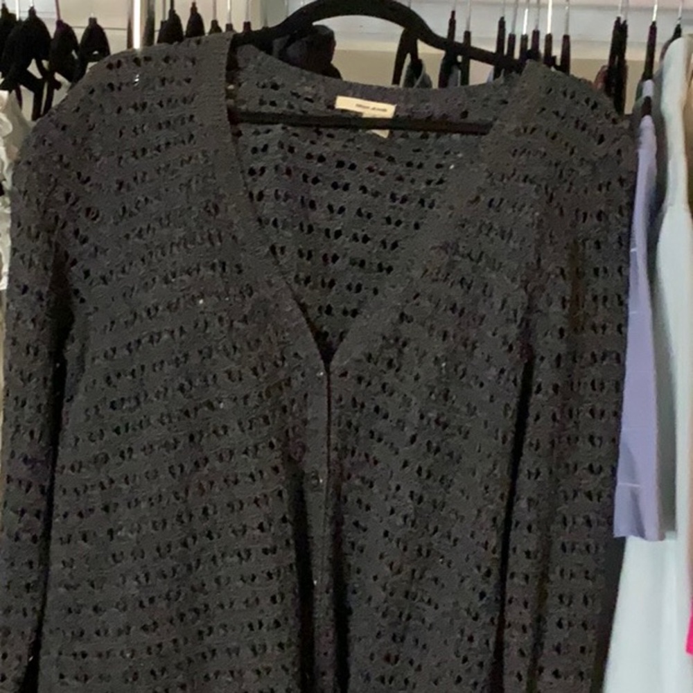 Open-Knit Black V-Neck Button Cardigan - Unbranded
